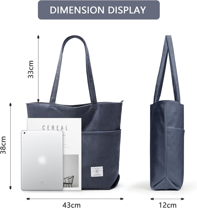 KALIDI FANCY FOREST KALIDI Women Corduroy Tote Bag Zipper Casual Tote's Handbag Big Capacity Shoulder Bag with Pockets - Image 5